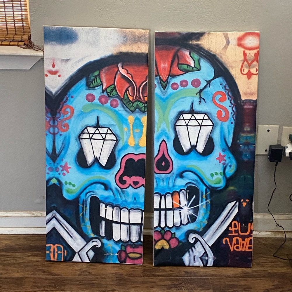 Large Blue Sugar Skull Diptych Wall Art